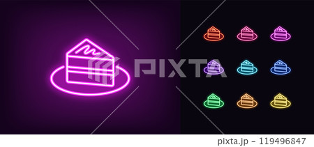 Outline neon cake piece icon set. Glowing neon cake slice with cream on plate, chocolate pie. Festive sweet dessert, birthday cake, cheesecake piece, holiday pie slice, sweet bakery. Vector icons Outline neon cake piece icon set. Glowing neon cake slice with cream on plate, chocolate pie. Festive sweet dessert, birthday cake, cheesecake piece, holiday pie slice, sweet bakery. Vector icons 119496847
