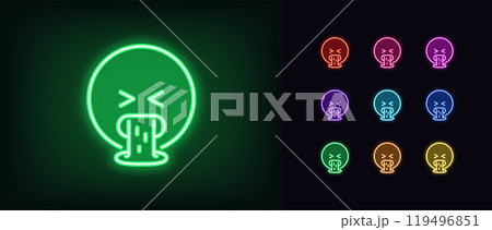 Outline neon vomiting emoji icon set. Glowing neon spew emoji, disgust feeling. Emoticon vomit, mouth with puke, dislike reaction, sick emoji, barf face, nausea emoticon, belch expression. Vector icon Outline neon vomiting emoji icon set. Glowing neon spew emoji, disgust feeling. Emoticon vomit, mouth with puke, dislike reaction, sick emoji, barf face, nausea emoticon, belch expression. Vector icon 119496851