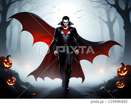 Vampire Bat Halloween Evil Spirit Spooky Pumpkin Haunted Forest Night Abandoned House Flying Bats Fog Full Moon Scary Illustration 119496892