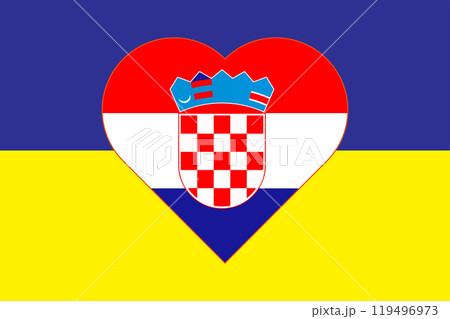 Heart painted in the colors of the flag of Croatia on the flag of Ukraine. Illustration of a heart with the national symbol of Croatia on a blue-yellow background. Heart painted in the colors of the flag of Croatia on the flag of Ukraine. Illustration of a heart with the national symbol of Croatia on a blue-yellow background. 119496973