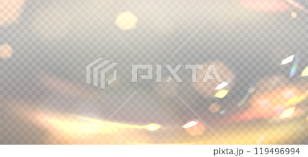 Pastel bokeh horizontal overlay, golden blurred circle lights. Abstract empty banner, realistic style. Vector effect for holiday design, festive template. 119496994