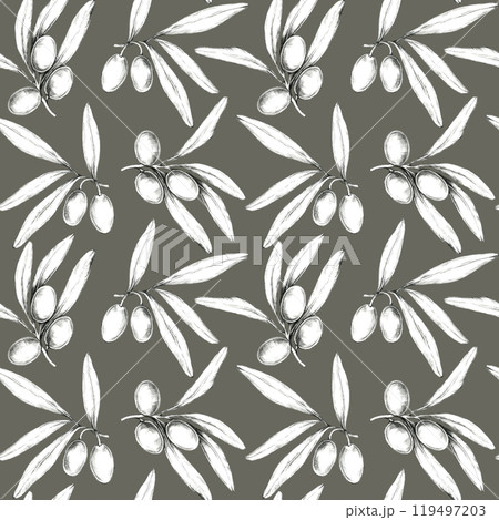 Pencil sketches of olive branches with olives form a seamless pattern, perfect for fabric design, wallpaper, or packaging. The dark background adds contrast to the natural elements 119497203