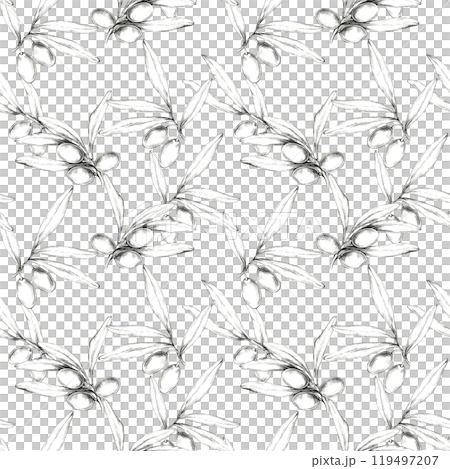 Pencil illustrations of olives and branches are arranged in a seamless pattern. This hand drawn clipart is perfect for wallpaper design, fabric prints, or packaging, offering a natural motif Pencil illustrations of olives and branches are arranged in a seamless pattern. This hand drawn clipart is perfect for wallpaper design, fabric prints, or packaging, offering a natural motif 119497207