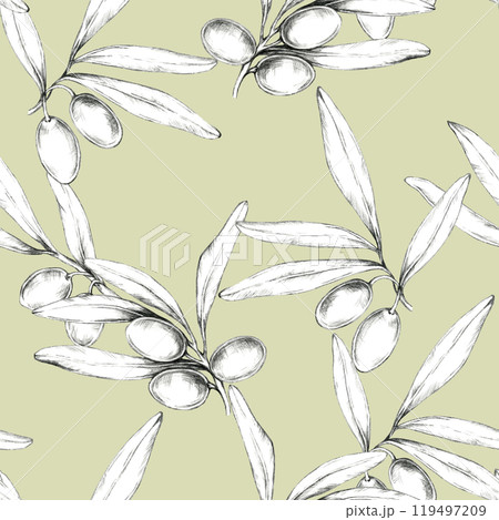 Olive branches with detailed pencil-drawn olives on a light green yellow background. This seamless pattern illustration is perfect for use in textiles, wallpapers, cosmetics or gift wrap 119497209
