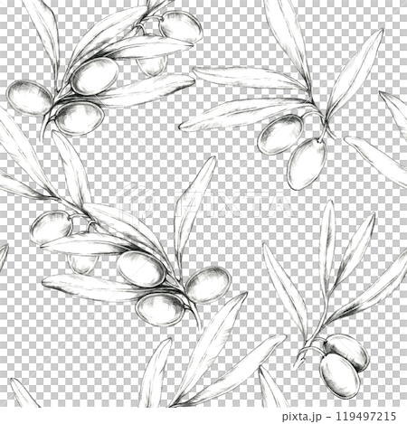 Olives and olive branches, delicately sketched in pencil. Black and white seamless pattern. This illustration is perfect for fabric prints, wallpaper, or packaging, adding a natural botanical touch 119497215