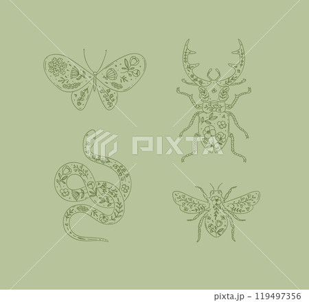 Beetles stag beetle, snake, moth, insect in floral style green Beetles stag beetle, snake, moth, insect in floral style green 119497356