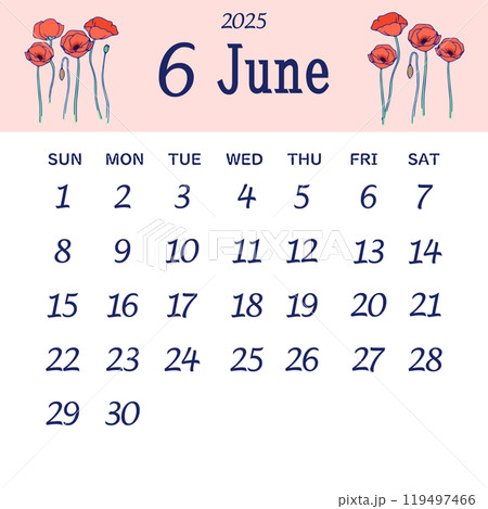 日曜日始まりの2025年6月のカレンダー 119497466