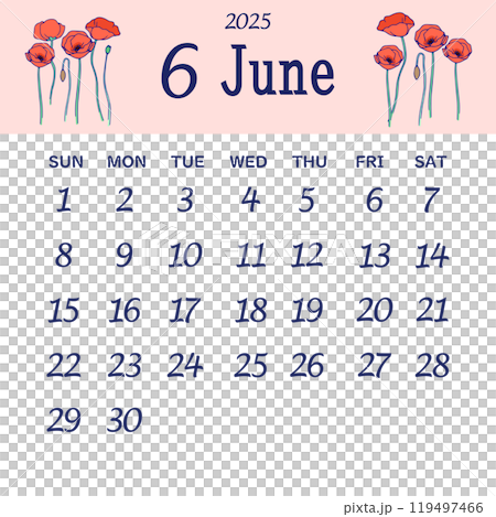 日曜日始まりの2025年6月のカレンダー 119497466