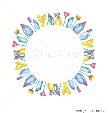 Cleaning utensils including sponges, mops, gloves, and spray bottles create a circular frame in this watercolor clipart. Suitable for enhancing event invites, flyers, and DIY project decorations 119497575