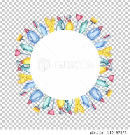 Cleaning utensils including sponges, mops, gloves, and spray bottles create a circular frame in this watercolor clipart. Suitable for enhancing event invites, flyers, and DIY project decorations 119497575