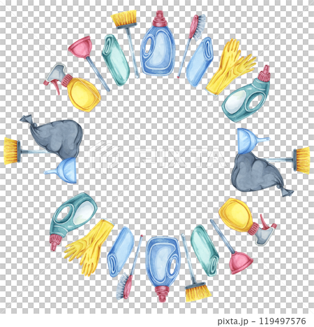 Housekeeping items such as buckets, brushes, gloves, and sprays form a round frame. Watercolor clipart. Ideal for crafting posters, digital graphics, and promotional materials for cleaning services 119497576
