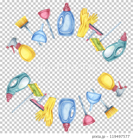 Cleaning tools like spray bottles, mops, gloves, and brushes create a circular frame in this watercolor clipart. Perfect for use in designs for cleaning schedules, event flyers, and online content 119497577