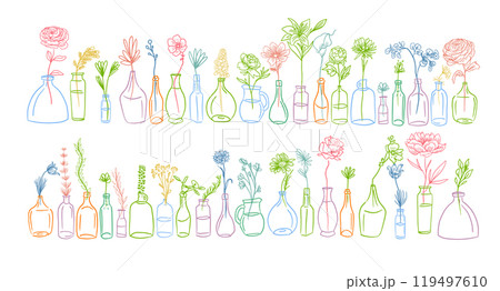 Modern network of isolated and dravn doodle flowers in vases, bottles. Pattern flowers dravn one line. hand drawing. Not AI, Vector illustration 119497610