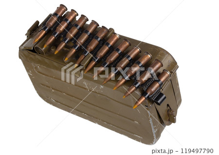 Ammo box with ammunition belt and 7.62 mm cartridges for kalashnikov PK or PKM machine gun isolated on white. 119497790