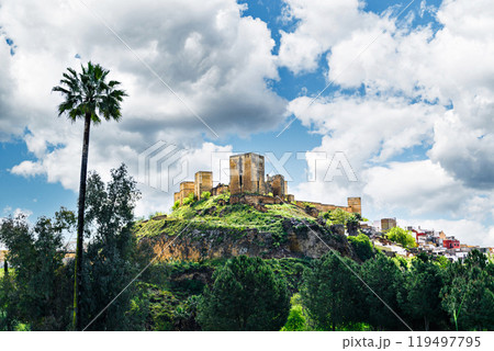 Views from the Parque de la Retama of the castle of Alcala de Guadaira in Seville, in blue sky and white clouds Views from the Parque de la Retama of the castle of Alcala de Guadaira in Seville, in blue sky and white clouds 119497795