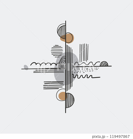 Geometric abstraction with circles and lines. Black and white abstract composition with geometric elements circles, lines and smooth transitions. 119497867