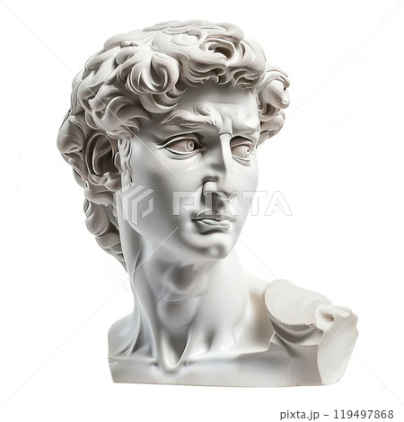 In the image, there is a white statue of a mans head against a white backdrop 119497868
