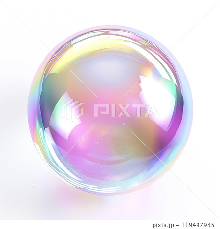 A vivid rainbowcolored soap bubble on a plain white background 119497935