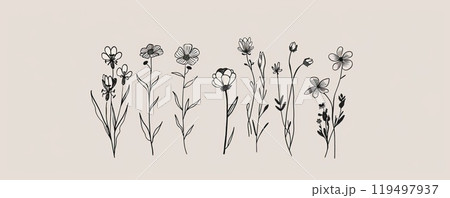 A collection of handdrawn flowers and leaves on a beige backdrop 119497937