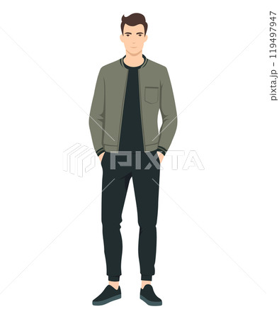 Vector illustration of a man in a green jacket. Simple yet stylish combination suitable for a casual urban look. 119497947