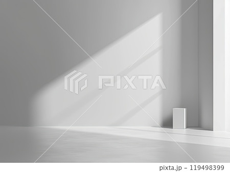 A bright white room featuring a window and a distinct shadow on the floor 119498399