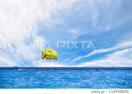 Parasailing on the beach in Nice, French Riviera, Cote d'Azur, France Parasailing on the beach in Nice, French Riviera, Cote d'Azur, France 119498608