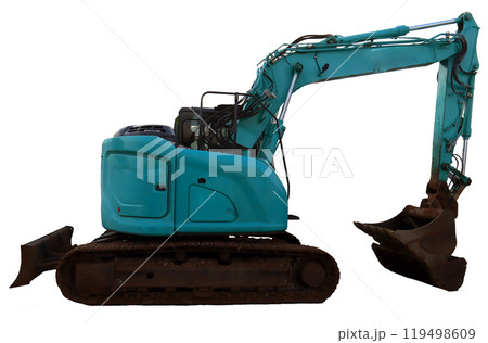 Blue excavator working on construction site during daylight, preparing ground for foundation and excavation tasks Blue excavator working on construction site during daylight, preparing ground for foundation and excavation tasks 119498609