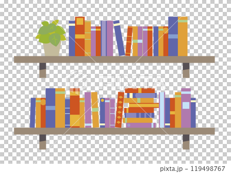 Wall-mounted bookshelf with books and potted plants 119498767