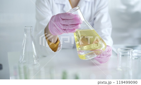 A scientist, wearing a lab coat and pink protective gloves, is holding a yellow oily liquid inside beaker in laboratory setting, close up. Medicine and science A scientist, wearing a lab coat and pink protective gloves, is holding a yellow oily liquid inside beaker in laboratory setting, close up. Medicine and science 119499090