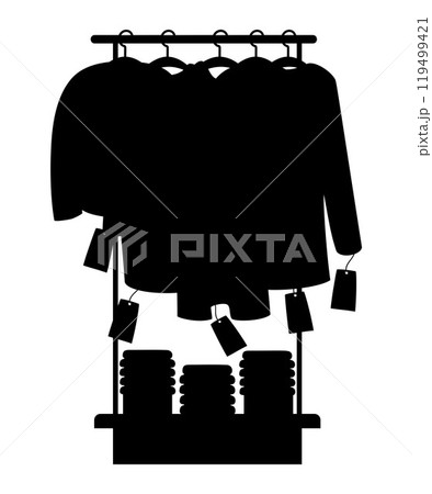 Shopping, sale. Store Shop rack with clothes on hangers with price tag. Silhouette drawing. Vector illustration. Concept Season purchase, Christmas and New Year gifts. Black Friday. Shopping, sale. Store Shop rack with clothes on hangers with price tag. Silhouette drawing. Vector illustration. Concept Season purchase, Christmas and New Year gifts. Black Friday. 119499421