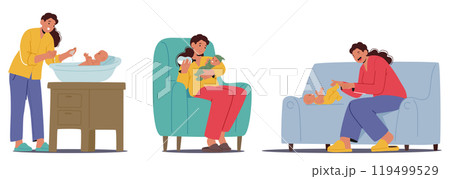 Mother Character Engaged In Daily Activities With Her Newborn Baby, Featuring Bathing, Feeding, And Playtime 119499529