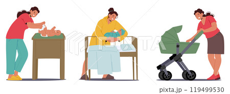Caring Mother Character Engages In Various Activities To Ensure Her Newborn Comfort, Highlighting Love, Affection Caring Mother Character Engages In Various Activities To Ensure Her Newborn Comfort, Highlighting Love, Affection 119499530