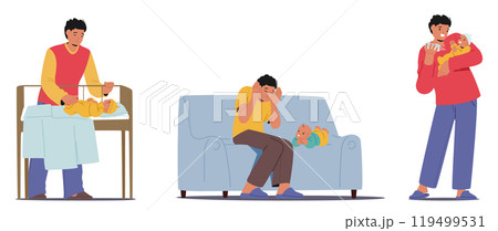 Father Character Demonstrates Loving Care For Newborn Through Changing Diapers, Soothing On Couch And Cradling 119499531