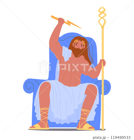 Zeus Ancient Greek God Character Sitting Majestically On A Royal Throne Holding A Lightning Bolt And Scepter 119499533