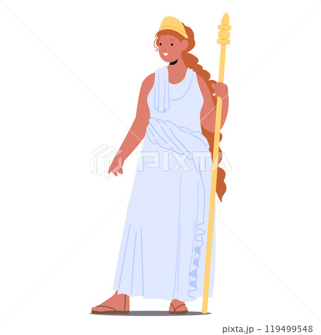 Cartoon Hera Ancient Greek Deity Holding A Golden Staff Wearing A White Robe And A Bright Smile White Background Cartoon Hera Ancient Greek Deity Holding A Golden Staff Wearing A White Robe And A Bright Smile White Background 119499548