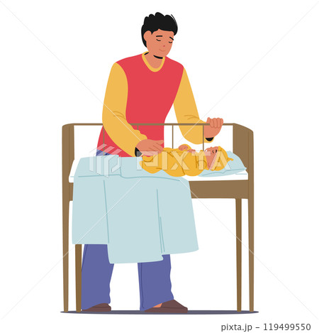 Loving Father Engages In Tender Care For His Newborn Baby At Crib, Emphasizing Parenthood, Bonding And Family Nurturing 119499550