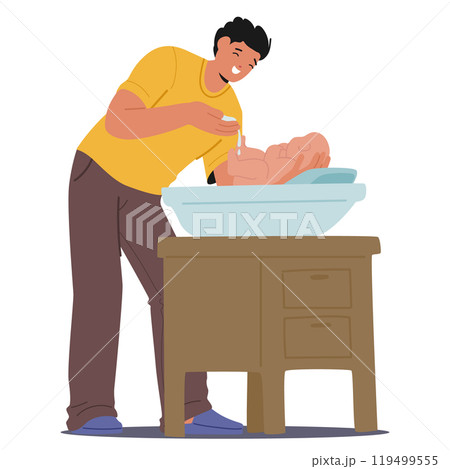 Smiling Father Character Gently Bathing His Newborn Baby In A Basin At Home, Showcasing Precious Parenting Smiling Father Character Gently Bathing His Newborn Baby In A Basin At Home, Showcasing Precious Parenting 119499555