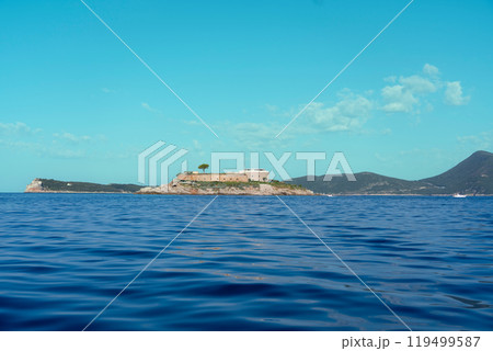 Island with an ancient castle prison in the Mediterranean Sea 119499587