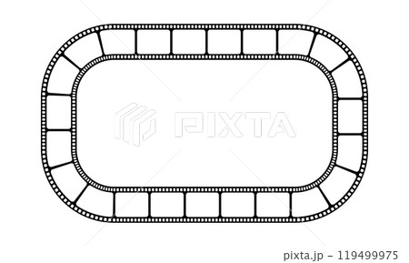 Rectangular frame with film strip as a border. Movie or photo camera tape in elliptic shape. Storyboard layout. Photographies collage template. Vector graphic illustration 119499975