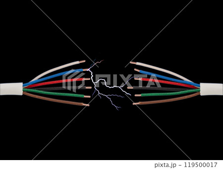 Electrical wires with colorful insulation sparking on black background 119500017