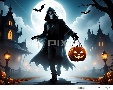 Scary Hooded Witch Silhouette Evil Spirit Halloween Pumpkin Haunted Forest Night Abandoned House Bats Fog Moon Spooky Illustration 119500207