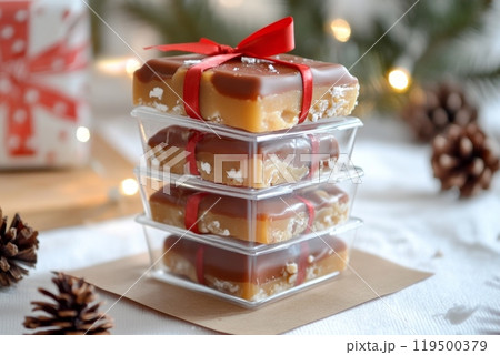 Stack of delicious christmas caramel shortbread being prepared as a gift 119500379