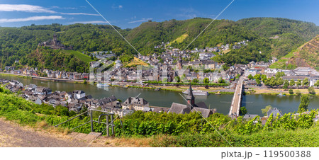 Panoramic View of Cochem and Reichsburg Castle on the Moselle River, Germany 119500388