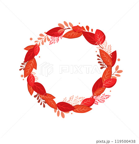 Vector isolated round frame of red dry autumn leaves. Border for text. Flat clipart for design Vector isolated round frame of red dry autumn leaves. Border for text. Flat clipart for design 119500438