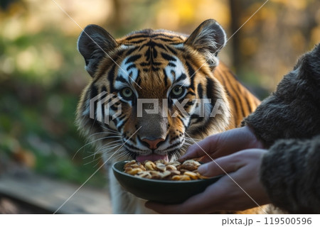 Siberian tiger eating from bowl held by zoo keeper 119500596