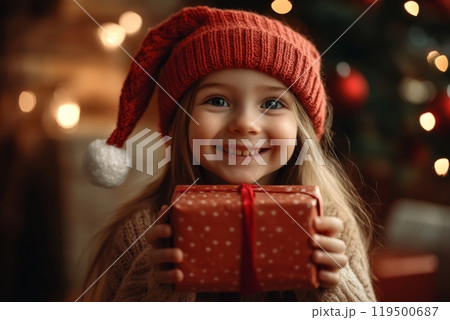 Happy girl holding christmas gift smiling at home Happy girl holding christmas gift smiling at home 119500687