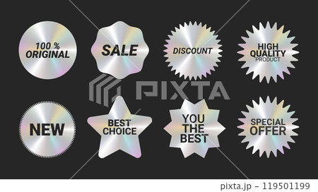 Holographic stickers logos emblem labels color set. Discount best choice sale. For packaging product of promotional material. Sticker for clothes or accessories. Vector illustration. 119501199