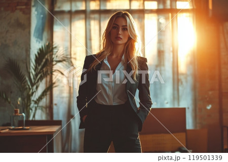 Businesswoman posing with hands in pockets in office at sunset 119501339
