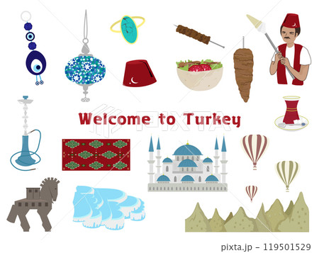 トルコと言えば、観光地、食べ物、お土産のセットイラスト トルコと言えば、観光地、食べ物、お土産のセットイラスト 119501529