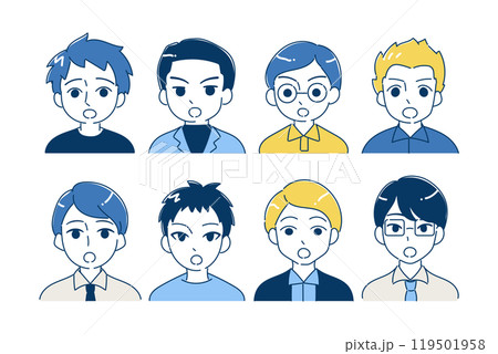 父親のアイコンイラストセット ポカンと口を開ける バストアップ ブルー、イエロー 父親のアイコンイラストセット ポカンと口を開ける バストアップ ブルー、イエロー 119501958